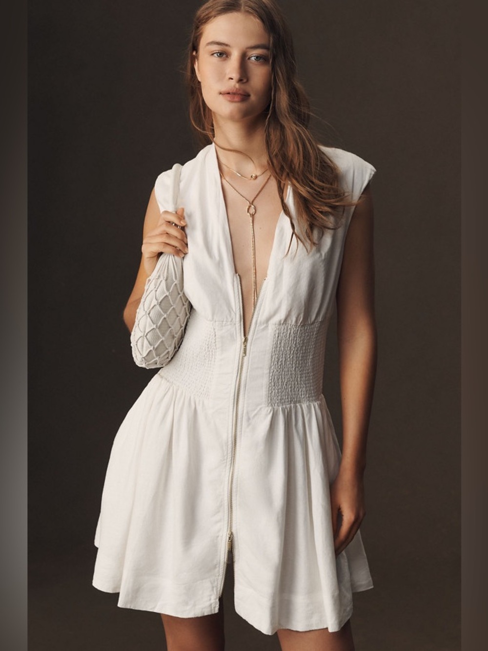 Maeve The Tommie Cap-Sleeve Smocked Front-Zip Shirt Dress: Linen Mini Edition